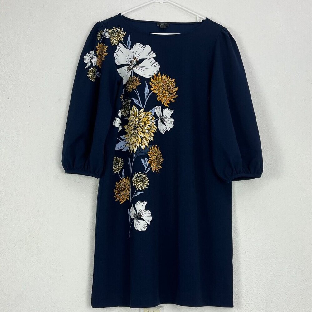 Ann Taylor Womens Shift Dress Large Petite Navy Blue Floral Puff Sleeve Stretch - Picture 1 of 5